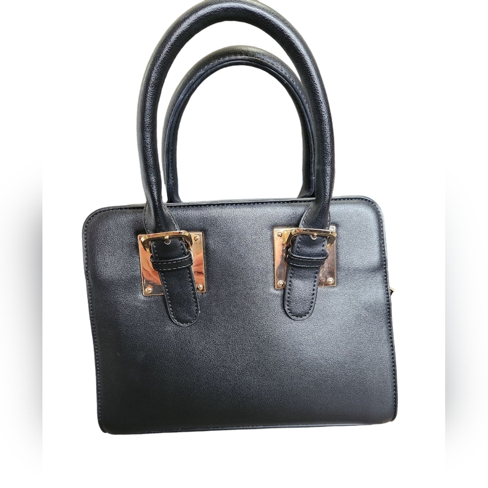 Square Black Tote Bag with Gold Buckle Accents